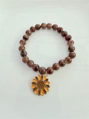 Gold Sunflower Charm Brown Bead Stretch Bracelet Fall Festive Jewelry